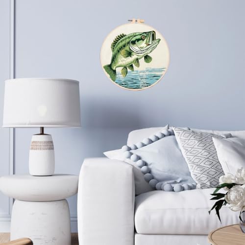 DIY Cross Stitch Kits Bass Fish with Hoop 11CT Needlepoint Embroidery Stamped Counted Cross Stitch Set Craft Wall Decor 20x20cm-1