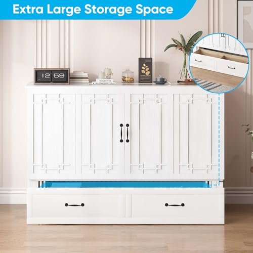 Mjkone Queen Murphy Bed, Modern Cabinet Bed with Tri-Folding Mattress & USB Charging Station, Space-Saving Adult Guest Beds with 2 Drawers & Side Storage Board for Bedroom/Living Room (White)