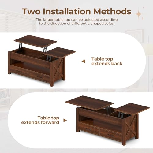 Seventable Coffee Table, 47.2" Lift Top Coffee Table with 2 Storage Drawers and Hidden Compartment, Farmhouse Center Table with Wooden Lift Tabletop, for Living Room,Espresso Seventable