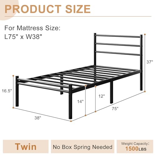 Yicensen Twin Bed Frames with Headboard and Footboard, 14 Inch Metal Platform Twin Size Bed Frame with Steel Slat Support, No Box Spring Needed, Noise Free, Easy Assembly, Black Yicensen