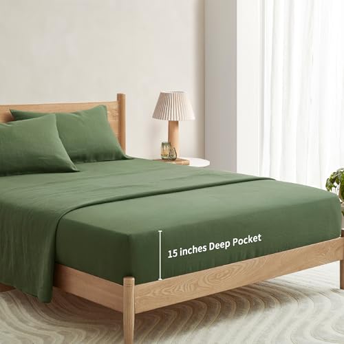 ATLINIA 100% Linen Fitted Sheet Mattress Cover - 1 Piece Stone Washed 15 Inch Deep Pocket Made from French Pure Flax Breathable Farmhouse Bedding(Green,King) ATLINIA