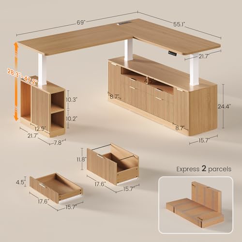SEDETA L Shaped Electric Standing Desk, 69" x 55"Height Adjustable Office Executive Desk with 4 Drawers and Storage Shelves, Fluted Sit Stand Computer Desk with Power Outlet for Home Office, Oak SEDETA