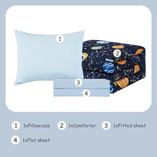 Toddler Bedding Set - 4 Pieces Toddler Comforter Set for Kids Boys, Glow in The Dark Space Bed in A Bag with Sheets Kaleido Space