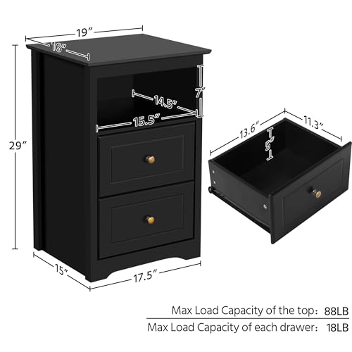 Yaheetech Nightstand Set of 2, Wooden Bedside Tables with 2 Drawer and Cubby, 2Pcs Tall Nightstand for Bedroom Small Space, Bedside Cabinet Telephone Table, 19″ L × 16″ W × 29″ H, Black Yaheetech