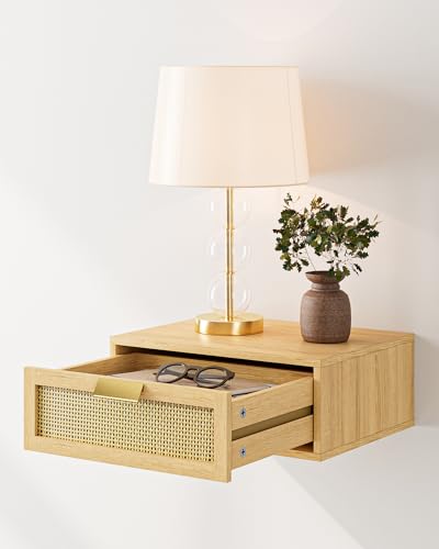 Aienvey Floating Nightstand, Floating Shelf with Drawer, Wall Mounted Nightstand, Floating Bedside Table (Oak Rattan) Aienvey