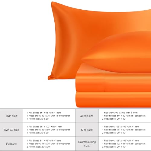 NTBAY Silk Satin Full Sheet Set, 4-Piece Luxury and Soft Bedding Set Cooling Silky Sheets for Hair and Skin, Includes 2 Pillowcases, 1 Flat Sheet, 1 Fitted Sheet with Deep Pocket, Orange NTBAY