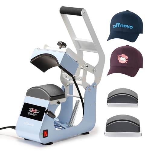 OFFNOVA Hat Heat Press Machine for Caps with 2 Interchangeable Platens, Temp & Time Control with Auto Countdown, Efficient Heat Transfer for HTV Iron On and Sublimation Projects (Handle-Blue) OFFNOVA