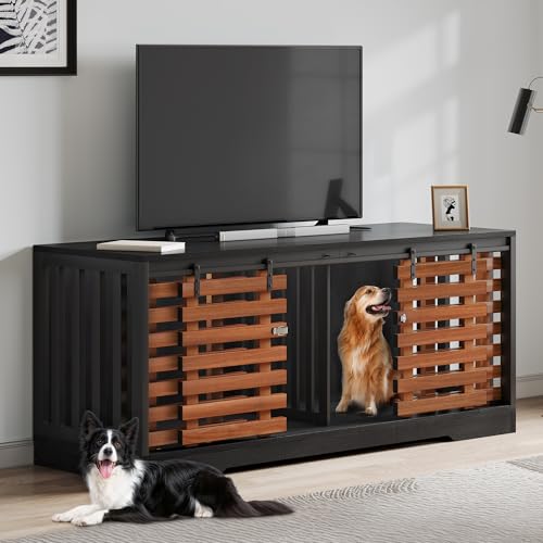 DWVO 71" Double Dog Crate Furniture for 2 Dogs with Sliding Fence Door, Heavy Duty Dual Dog Kennel TV Stand Large Dogs, Indoor Decorative Wooden 2 Dog Cage Table for Living Room, Black & Walnut DWVO