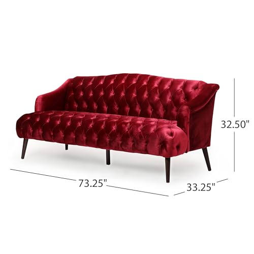 Christopher Knight Home Minxi Velvet Sofa Couch, Home Sofa Living Room with Birch Wood Legs, Comfort Modern 3 Seater Couch with Button Tufted Diamond Stitch, Luxury Chaise Lounge Chair, Wine Red Christopher Knight Home