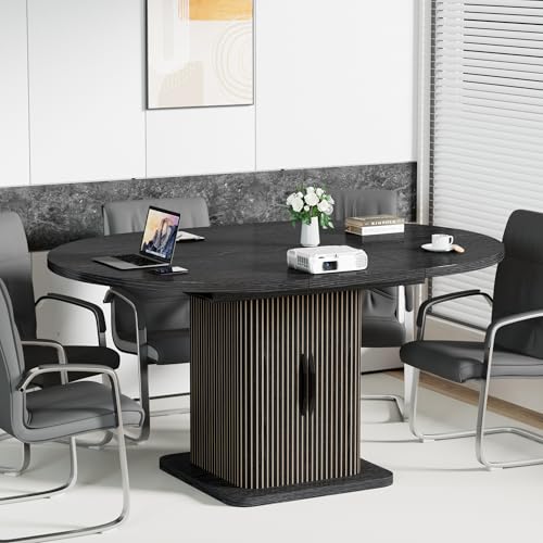 Extendable Black Round Conference Table for 4-8 People, 43in-59in Modern Oval Meeting Room Table with Storage, Fluted Wood Slide Doors, Small Compact, Office, Training, Conference Room Jluomei