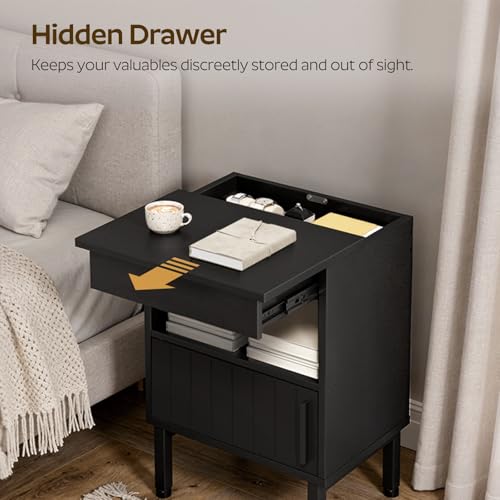 YATINEY Nightstand with Gun Drawer, Bedside Table with Hidden Compartment, End Table with Storage Cabinet, Night Stand for Bedroom, Office, Black ET22BB YATINEY