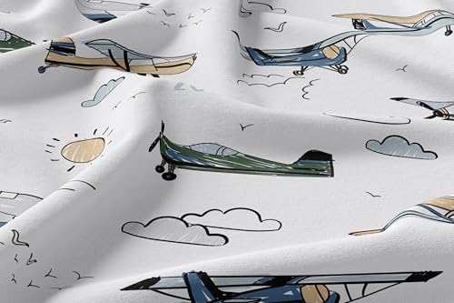 Sweet Jojo Designs Vintage Airplane Boy Twin Sheets Set Single Size Bed Flat Fitted Sheet Pillow Case Kids Childrens Teenager Bedding 3pc Grey Green Blue White Yellow Airplanes Transportation Clouds Sweet Jojo Designs