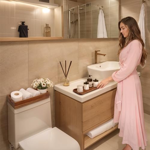 Handcrafted Acacia Wood Toilet Tank Basket Topper & Vanity Tray Set by Demigo Demigo