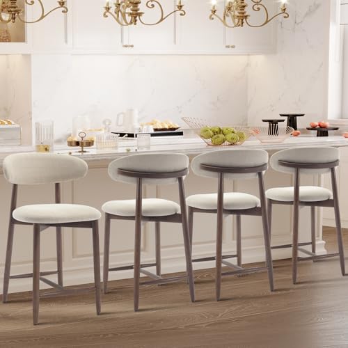 COLAMY Counter Height Bar Stools Set of 4, Kitchen Bar Stools with Back, Mid Century Modern Upholstered, with Wood Legs for Kitchen Island Dining Room, Beige COLAMY