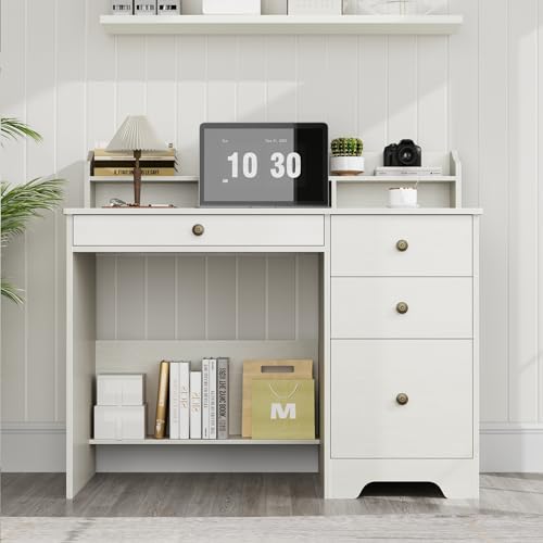TTVIEW Computer Desk with Drawers and Hutch Shelf, Wood Executive Desk Writing Study Table with 43” Wide Tabletop, Small Desk with File Drawer for Home Office Bedroom, White Oak TTVIEW