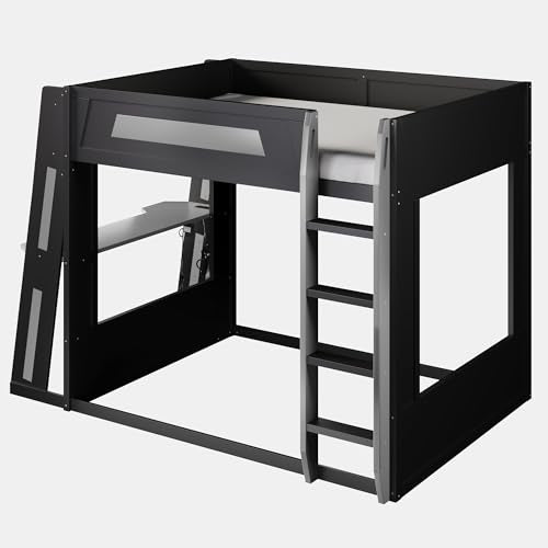 CKLMMC Queen Size Wooden Gaming Bunk Bed with Desk, Two Storage Shelves, USB and LED Light, Sturdy Loft Bed for Gamers & Small Spaces (Black+Grey1) CKLMMC
