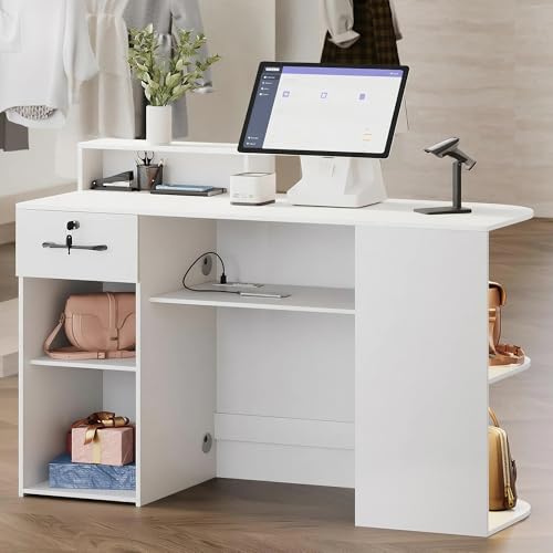 Kikihouse Modern Reception Desk & DIY Metal Strips, Front Desk with LED Light and Hidden Power Outlet, Reception Counter Table for Checkout, Office, Lobby, Nail Salon Spa (White) Kikihouse