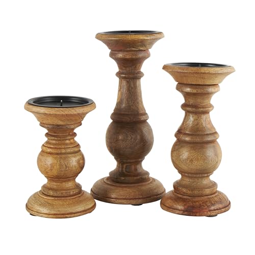 Deco 79 Mango Wood Decorative Candle Holder Turned Style Pillar Candle Stand, Set of 3 Candlestick Holder 10",8",6"H, Brown Deco 79