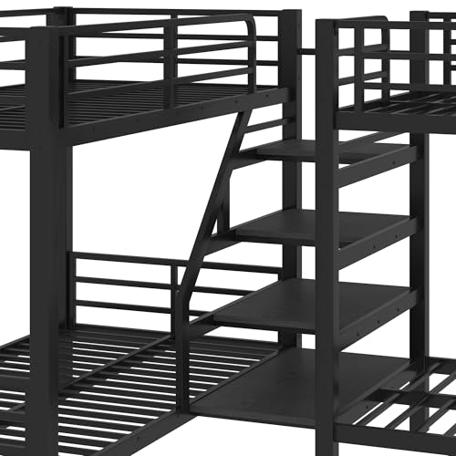 Bellemave Metal Quad Bunk Bed with Stairs for 4, L-Shaped Twin Size Quad Bunk Bed Frame,Heavy Duty Bunk Beds for Kids Teens Adults,Black Bellemave