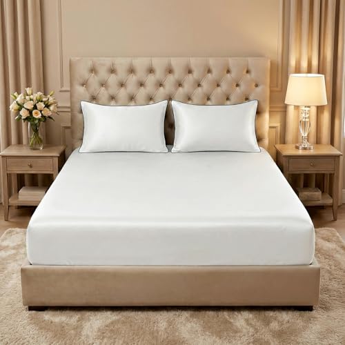 Thmyo 3-Piece Satin Bedding Set,Satin Fitted Sheet with Pillowcases,Soft Comfort Hypoallergenic Breathable Bedding Set (1 Fitted Sheet+2 Pillowcases) (White, Full) Thmyo