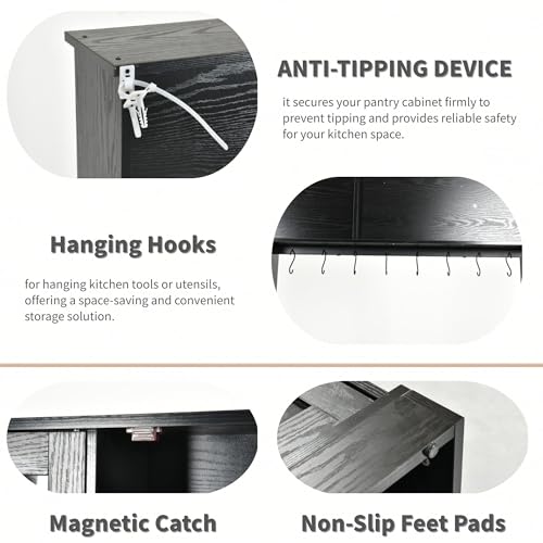 DWVO Kitchen Pantry Storage Cabinet with Microwave Stand, 71'' Tall Kitchen Hutch Cabinets with Power Outlet, Modern Food Pantry Hutch with Drawers & Shelves for Home, Pack of 1, Black DWVO