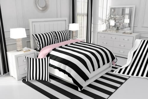 Erosebridal Black and White Striped Twin Comforter Set (Pink Reversible) | Striped Bedding Set Pink and Black Comforter Sets for Kids Teens Adults Cute Pinstripe Girls Bed Quilt Sets Erosebridal