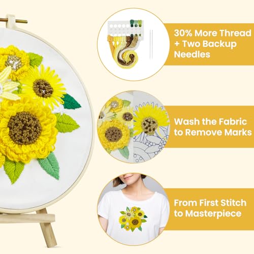 HTVRONT Embroidery Kit for Beginners, 3D Sunflower Embroidery Kits with Step-by-Step Video Tutorials, Simple 5 Stitches Beginner Embroidery Kit for Adults Crafts