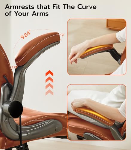Office Desk Chair, Ergonomic Computer Chair with Padded Flip-Up Arms and Adjustable Lumbar Support, PU Leather Executive Chair with Tilt Lock and 360° Swivel Rolling Wheels for Work, Study Ylzyxal