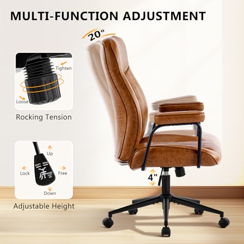 Furnistyle Leather Home Office Desk Chairs, Comfy Office Chair, Mid Century Modern Office Chair with Lumbar Support, Mid-Back Adjustable Swivel Computer Chair with Wheels and Arms, Brown Furnistyle