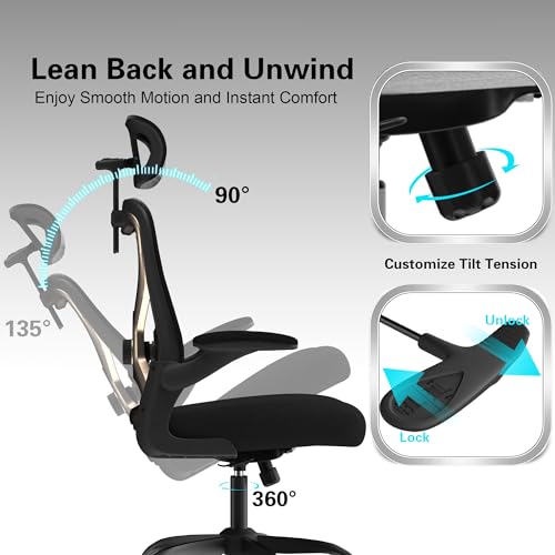 Ergonomic Office Chair, Mesh Desk Chair with Headrest, Lumbar Support, Thick Seat Cushion, Flip-up Arms, High Back Computer Task Chairs for Home Office (English, Black/Gold) CASASIO