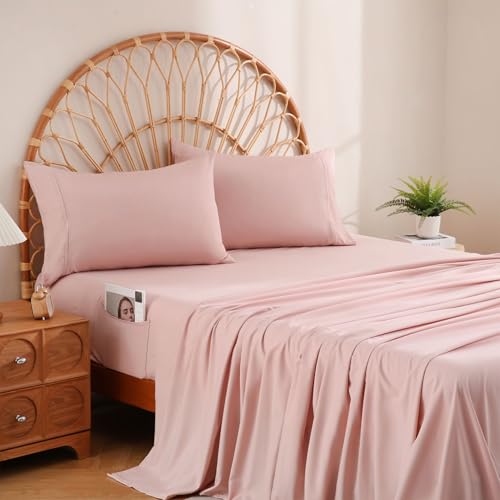 JSD Dusty Pink Queen Sheet Set with Side Pocket Corner Straps, 4 Piece Soft Microfiber Bed Sheets Extra Deep Pocket JSD