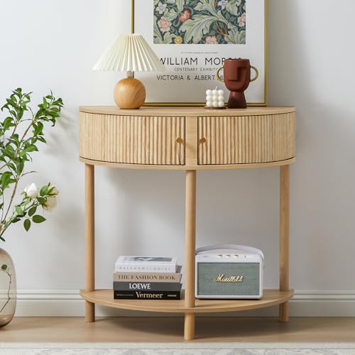 XUZENEST Fluted Half Moon Console Table, Modern Small Entry Table Sofa Table with Storage, Solid Wood Legs Narrow Entryway Table for Living Room, Hallway, Foyer(Natural) XUZENEST