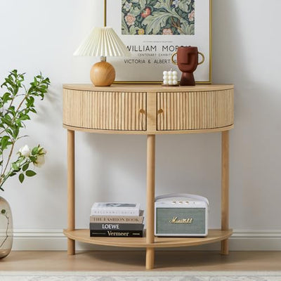 XUZENEST Fluted Half Moon Console Table, Modern Small Entry Table Sofa Table with Storage, Solid Wood Legs Narrow Entryway Table for Living Room, Hallway, Foyer(Natural)