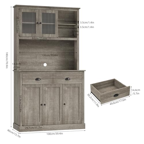 GarveeHome Pantry Cabinet with Drawers and Adjustable Shelves, 71" Tall Freestanding Kitchen Cabinet with Microwave Stand, Kitchen Hutch for Dining Room, Rustic Grey GarveeHome