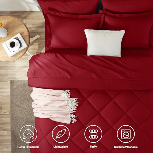 CozyLux King Size Comforter Set Dark Red - 7 Pieces Bed in a Bag King, Luxury Soft Bed Set for All Seasons, Bedding Set with Down Alternative Comforter, Sheets, Pillowcases & Shams
