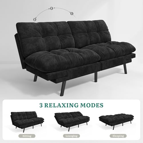 YITAHOME Futon Sofa Bed with 3-Position Adjustable Backrest & Armrests, Upholstered Loveseat Couch Bed, Expandable Foldable Design for Living Room, Bedroom, Small Apartments, Black YITAHOME