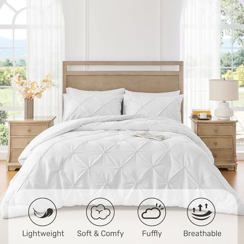UNIKOME King Size Comforter Set White - Ultra Soft Boho Pintuck Down Alternative Bedding Set for All Seasons, 3 Pieces Lightweight Warm Pinch Pleat Bed Set with Comforter, 2 Pillowcases UNIKOME