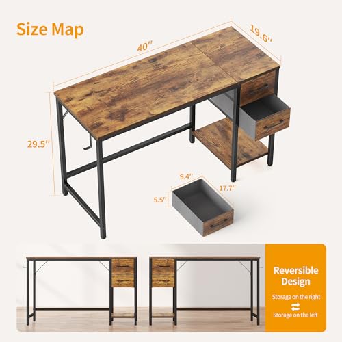 CubiCubi Computer Desk with 2 Drawers, 40 Inch Small Home Office Desk with Storage Study Writing Table, Light Brown CubiCubi