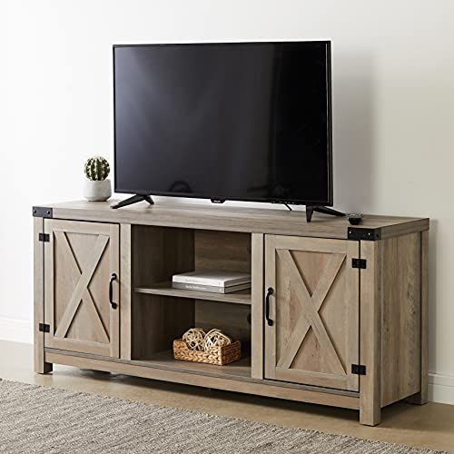 ROCKPOINT 58inch Barn Door TV Stand Entertaiment Media Console Center Industrial Style , Grey Wash ROCKPOINT