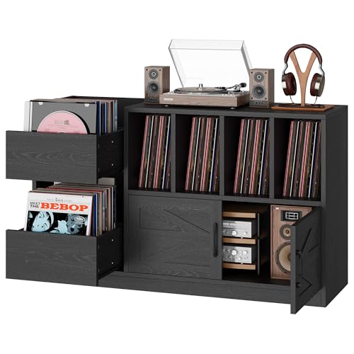 IRONCK Record Player Stand, Vinyl Record Player Table with Storage Cabinet and Drawers, Mid Century Modern Turntable Stand Holds Up to 500+ Albums for Living Room, Music Room, Black IRONCK