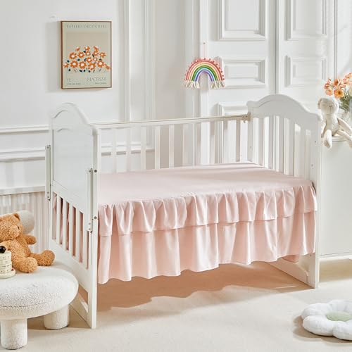 3 Pieces Tufted Stripes Crib Bedding Set with Ruffle Fringe, Pink Ruffled Comforter with Fitted Sheet and Bed Skirt , Soft and Embroidery Shabby Chic Boho Bohemian Jacquard Design for Baby Girls Boys Flysheep