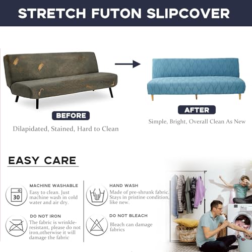Stretch Armless Futon Sofa Cover- Futon Slipcover Full Queen Size Futon Couch Cover, Furniture Protector with Elastic Bottom, Washable, Polyester Spandex Jacquard Fabric (Orange, Medium(61"-73")) SUIOKPO