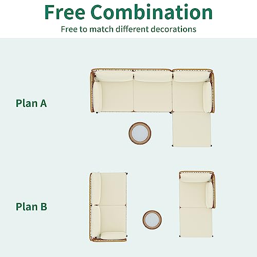 YITAHOME 3 Pieces Patio Furniture Set, Outdoor Wicker Conversation Sectional L-Shaped Sofa with 4 Seater for Backyard, Porch, Boho Detachable Lounger with Cushions and Coffee Table - Beige YITAHOME