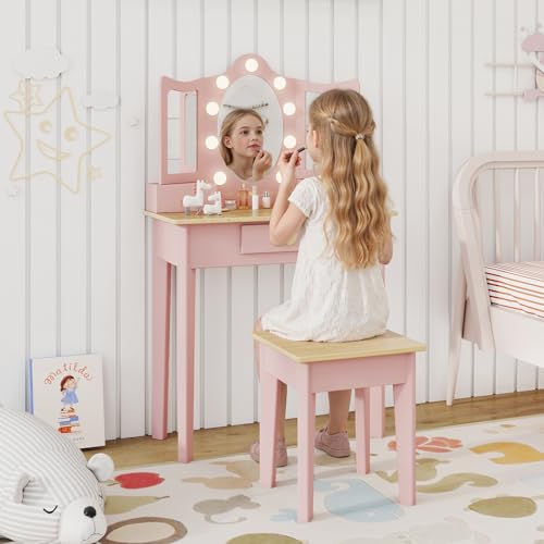 labebe Kids Vanity, Girls Vanity Desk with LED Changing Lights, Pretend Play Princess Vanity Set, Wooden Toddler Makeup Desk Dressing Table with Drawer and Chair (Pink) labebe