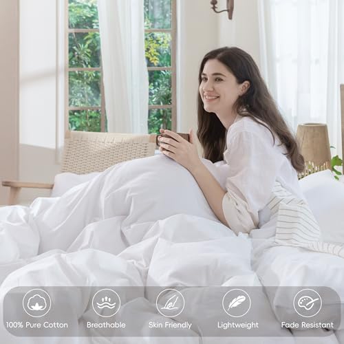 MooMee Bedding Duvet Cover Set 100% Washed Cotton Linen Like Textured Breathable Durable Soft Comfy (Solid Bright White, Queen 90"x90") MooMee