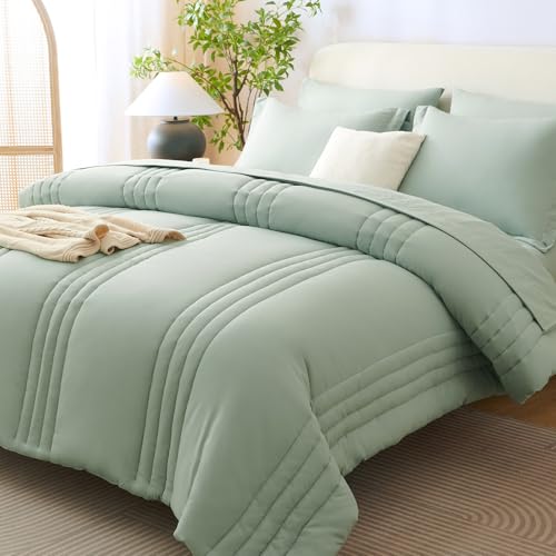 CozyLux King Size Comforter Sets - 7 Piece Bed in a Bag Sage Green Comforter Set with Sheets Luxury Bed Set All Seasons, Soft Bedding Set with Down Alternative Comforter, Sheets, Pillowcases & Shams CozyLux