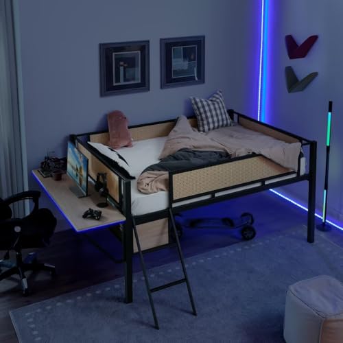 Single Game Bed Metal Full Loft Bed with Rectangular Desk, LED Lights, LED loft Bed Frame Double Bed with Storage Shelves and Hanging Storage Compartments, Safety Guard and Ladder, Rattang(Natural) JIJIWANG