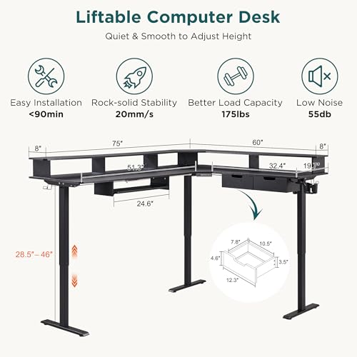 RedLemon 75X60 Inches L Shaped Electric Standing Desk, Height Adjustable Corner Gaming Desk with Drawers, Power Outlets & LED Lights, Computer Desk with Monitor Shelf, Carbon Fiber Black RedLemon