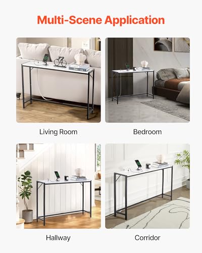 VEVOR Marble Console Table, Modern Narrow Long Console Table with Power Outlet, Thin Sofa Side Table with Iron Tubes, Anti-Tip Device and Triangular Support for Living Room, Hallway, Entryway, Foyer VEVOR