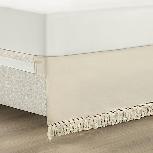 Lush Decor Boho Fringe 15-Inch Tailored Drop Easy Fit Bed Skirt Queen Size Single 60" W x 80" L +15" Neutral - Queen Bed Skirt - Wrap Around Bed Skirt Lush Decor